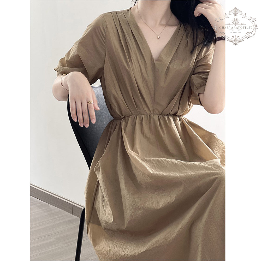 Spring Versailles sweet pleated dress retro pocket V-neck dress [CHSK130]