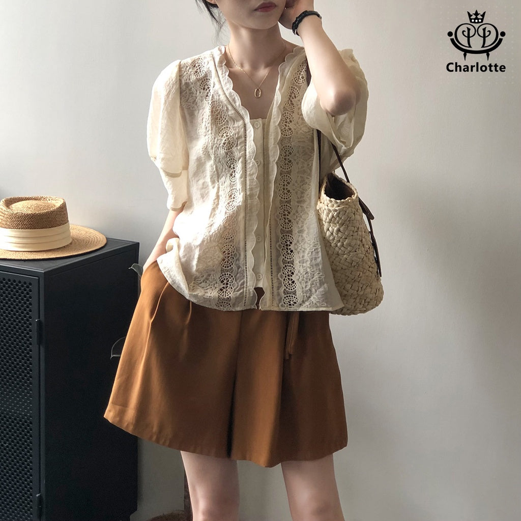 French lace embroidered babydoll shirt V-neck puff sleeve short-sleeved shirt [CHSH62]