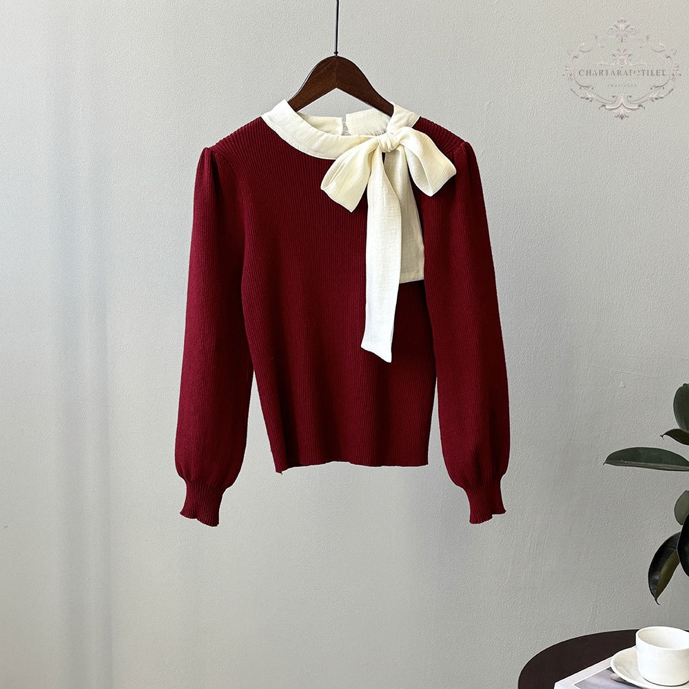 French bow tie round neck sweater with chic puff sleeves [CHSW70]