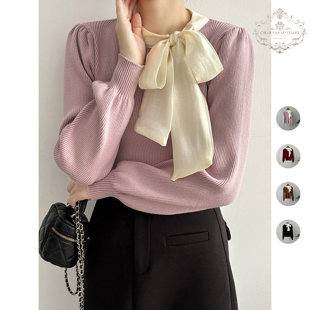 French bow tie round neck sweater with chic puff sleeves [CHSW70]