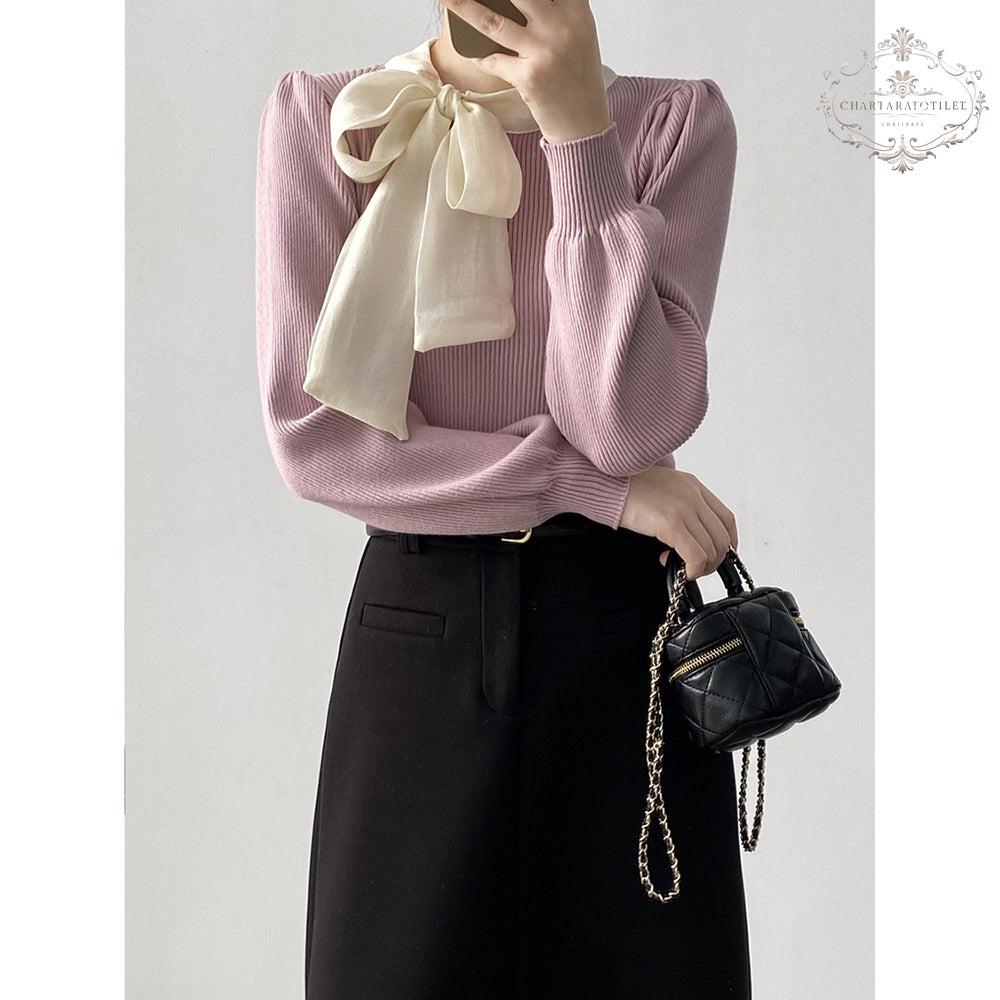 French bow tie round neck sweater with chic puff sleeves [CHSW70]