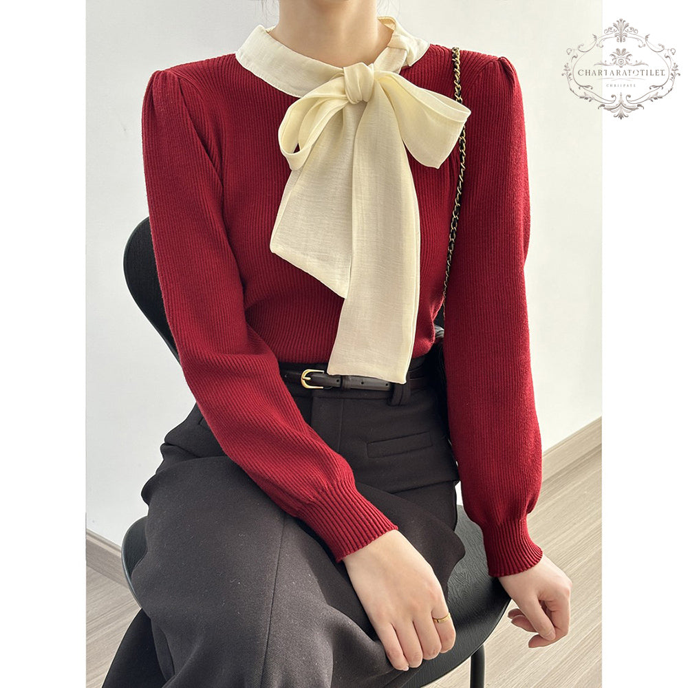 French bow tie round neck sweater with chic puff sleeves [CHSW70]