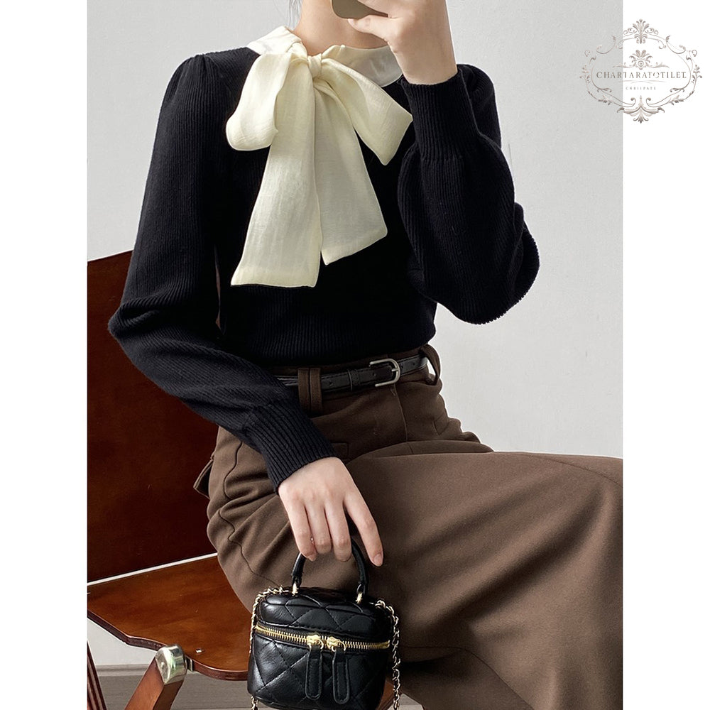 French bow tie round neck sweater with chic puff sleeves [CHSW70]