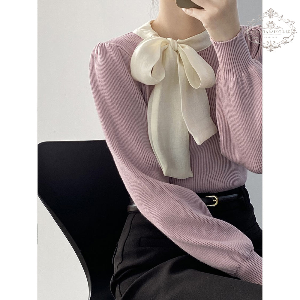 French bow tie round neck sweater with chic puff sleeves [CHSW70]