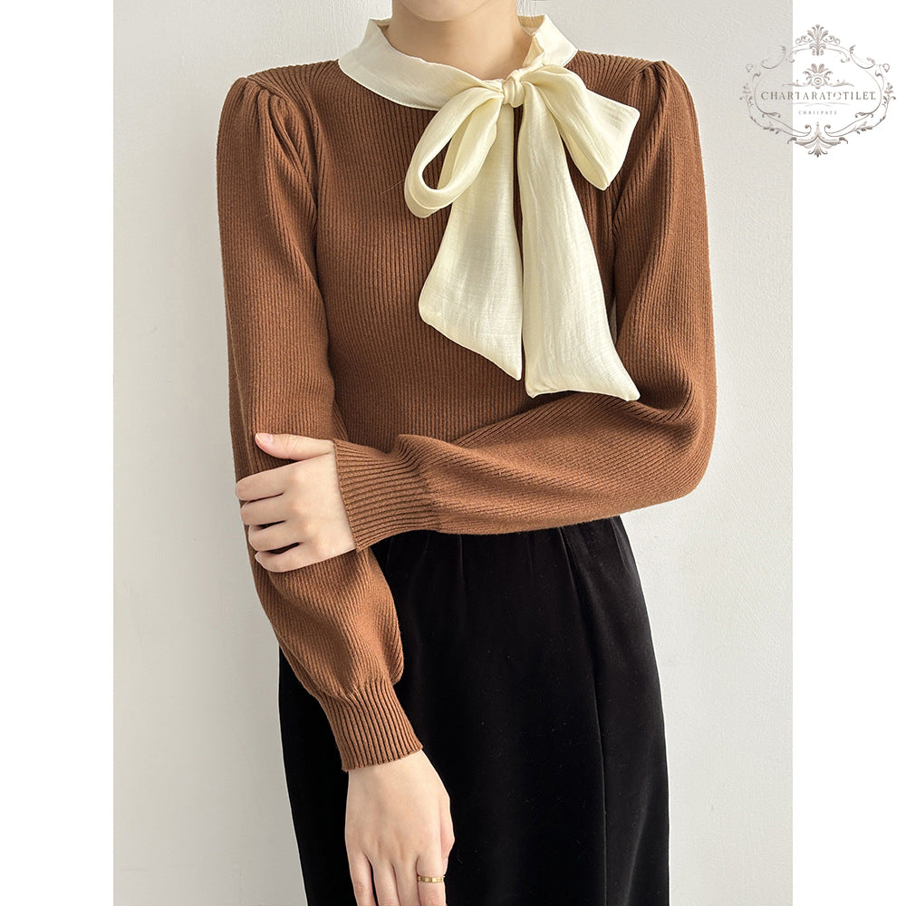 French bow tie round neck sweater with chic puff sleeves [CHSW70]