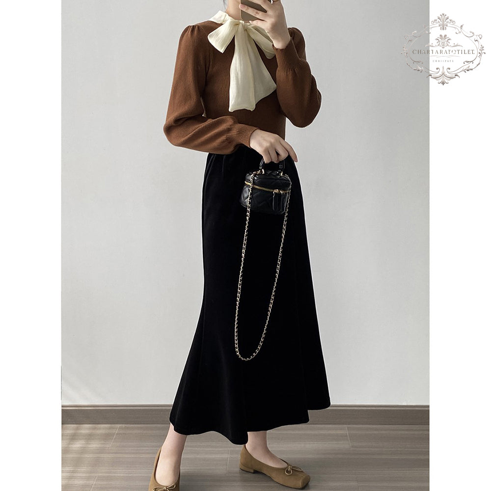 French bow tie round neck sweater with chic puff sleeves [CHSW70]