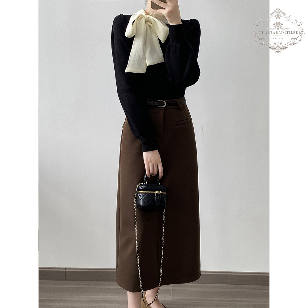 French bow tie round neck sweater with chic puff sleeves [CHSW70]