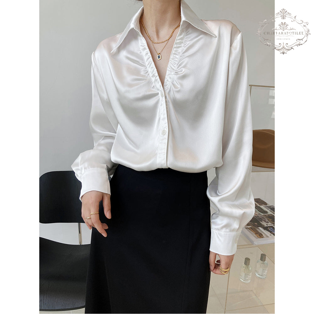 French European and American style lazy satin shirt pleated V-neck long-sleeved shirt [CHSH111]