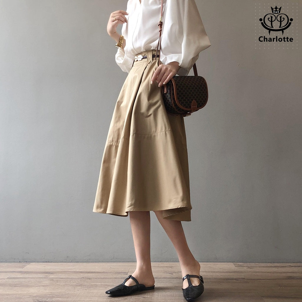 French mid-length princess skirt A-line skirt solid color princess skirt [CHSK33]