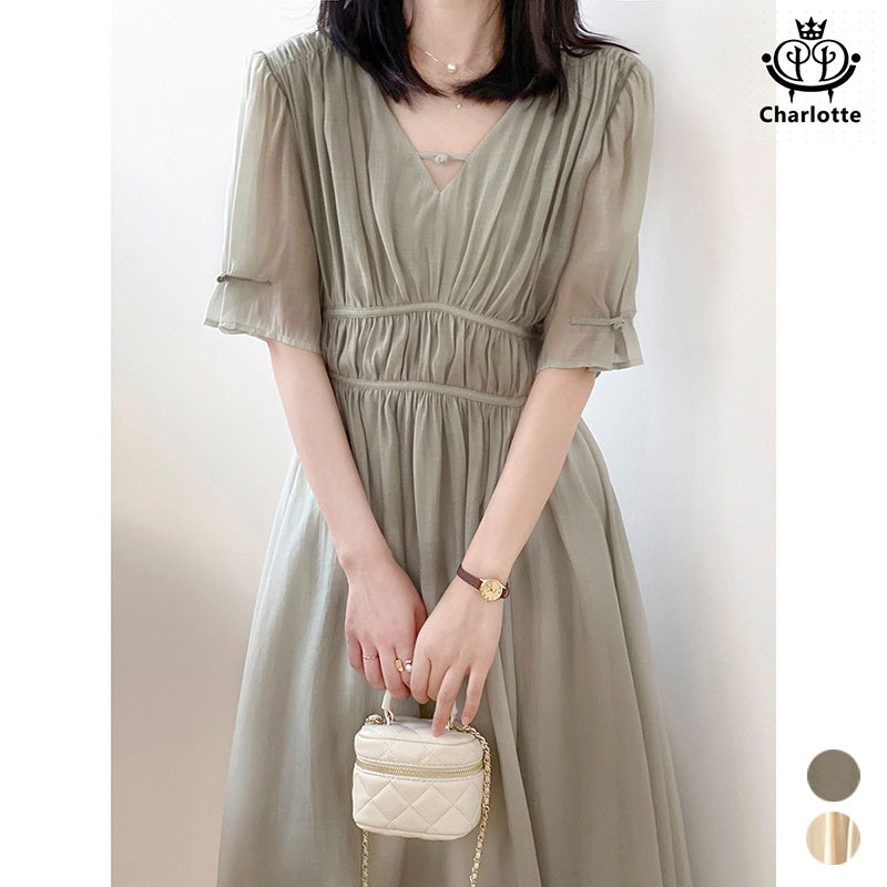 French V-neck disc buttoned elegant dress short-sleeved dress with tight back waist [CHSK68]