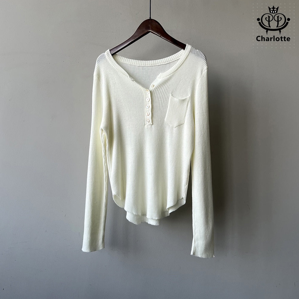 Korean style half placket thin long-sleeved sweater V-neck knitted wool top [CHSW47]