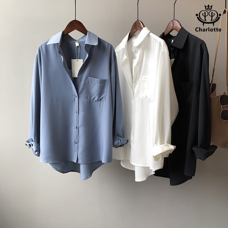 French spring style lazy women's shirt long-sleeved shirt lapel shirt [CHSH39]