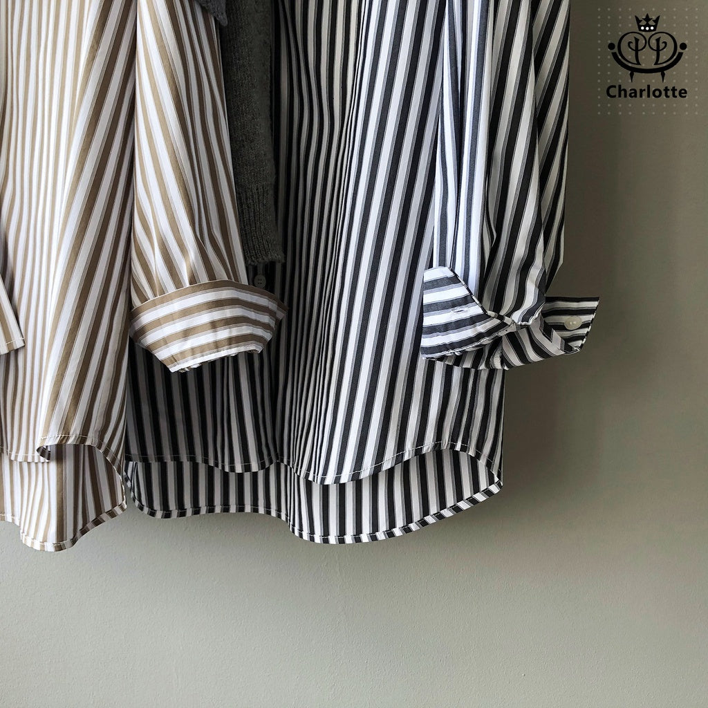 French striped shirt, stand-up collar shirt, lapel shirt, long-sleeved shirt [CHSH34]