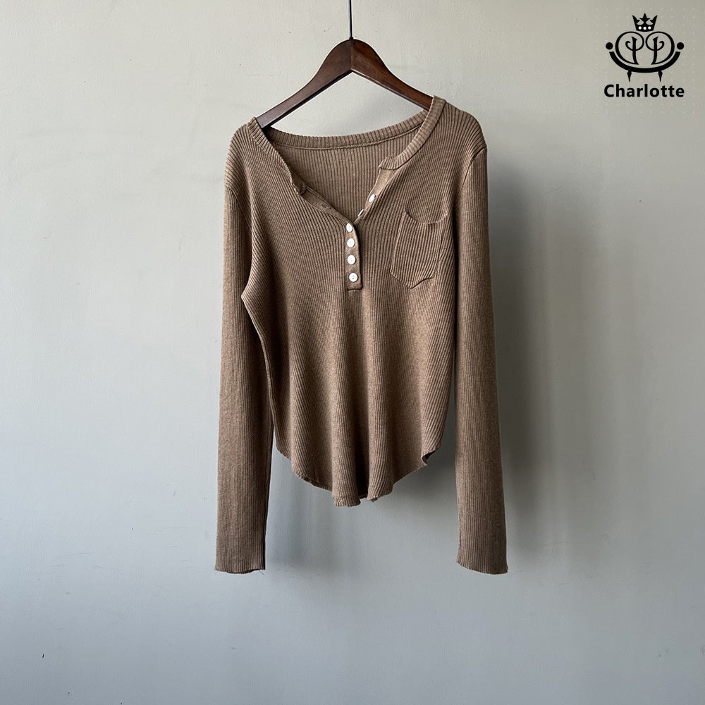 Korean style half placket thin long-sleeved sweater V-neck knitted wool top [CHSW47]