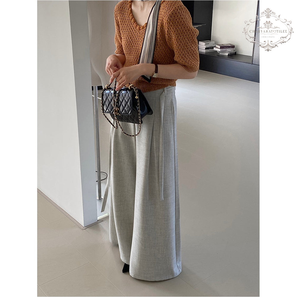 Heavy industry spring and summer suit material floor-length trousers with waist rope wide-leg drape floor-length trousers [CHTR29]