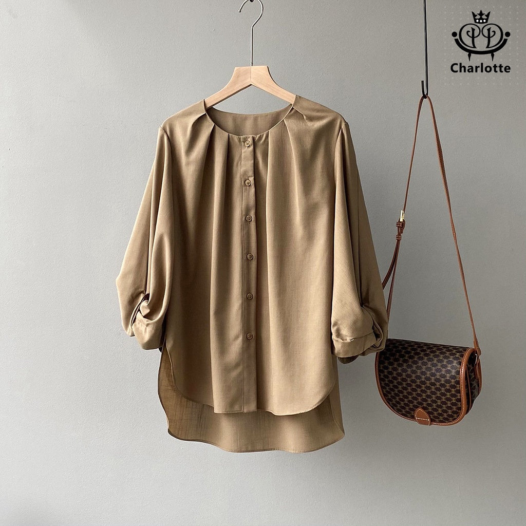 French design lantern sleeve lazy top loose drape shirt three-quarter sleeve shirt [CHSH30]