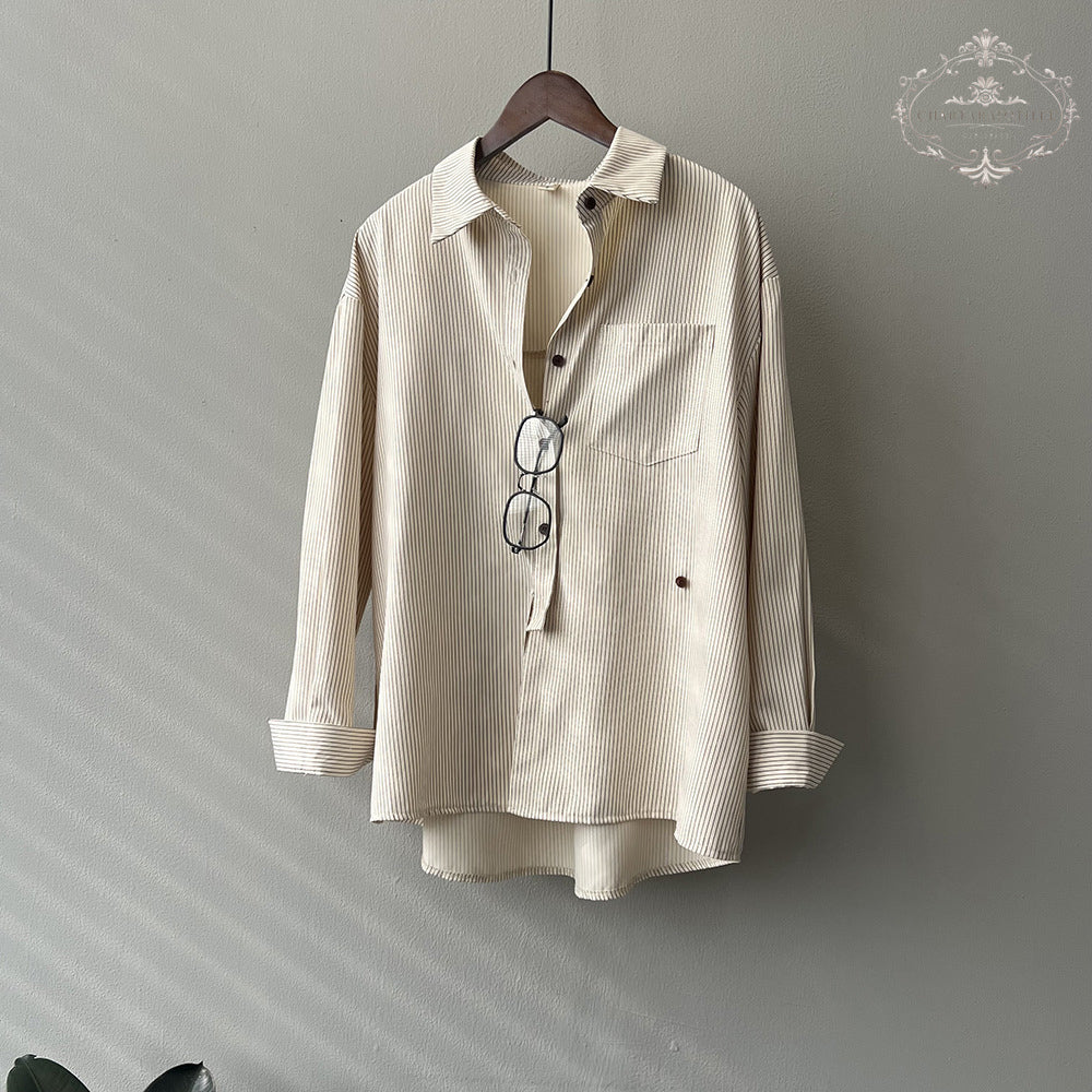 Age-reducing French striped shirt folded long-sleeved shirt [CHSH112]