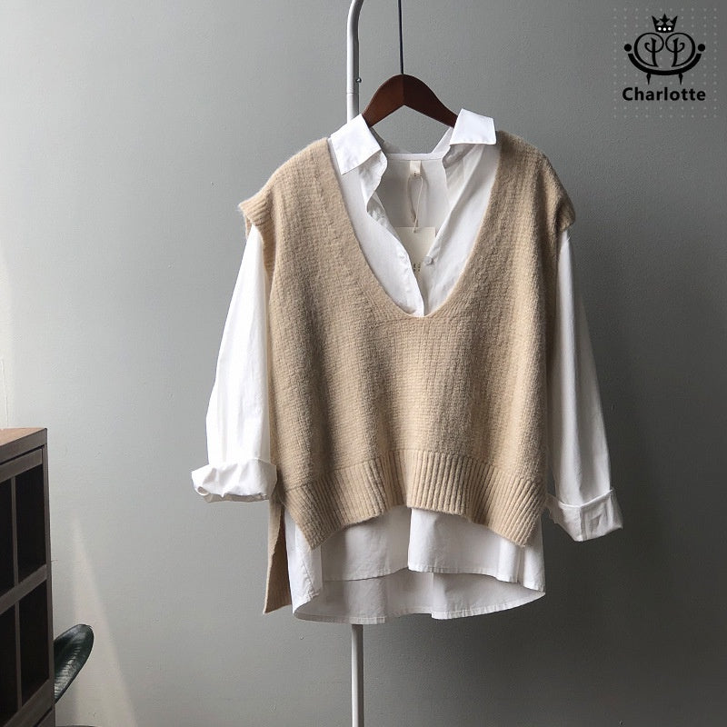 French V-neck loose vest sweater vest knitted vest vest [CHSW17]