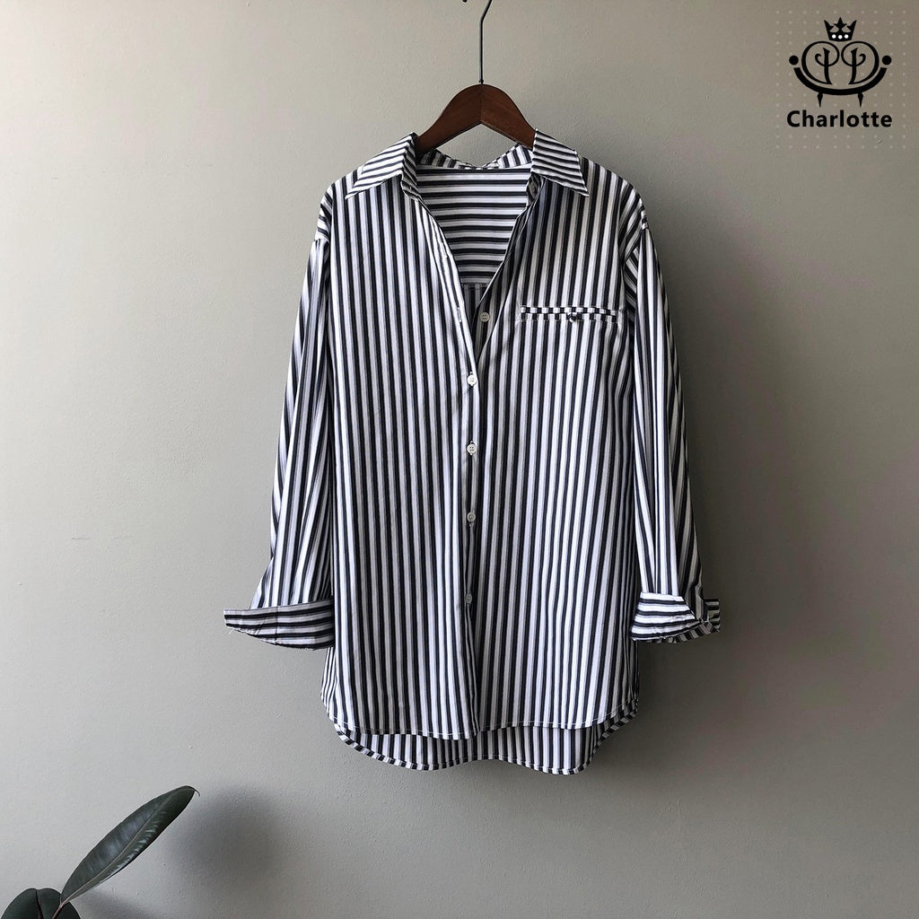 French striped shirt, stand-up collar shirt, lapel shirt, long-sleeved shirt [CHSH34]