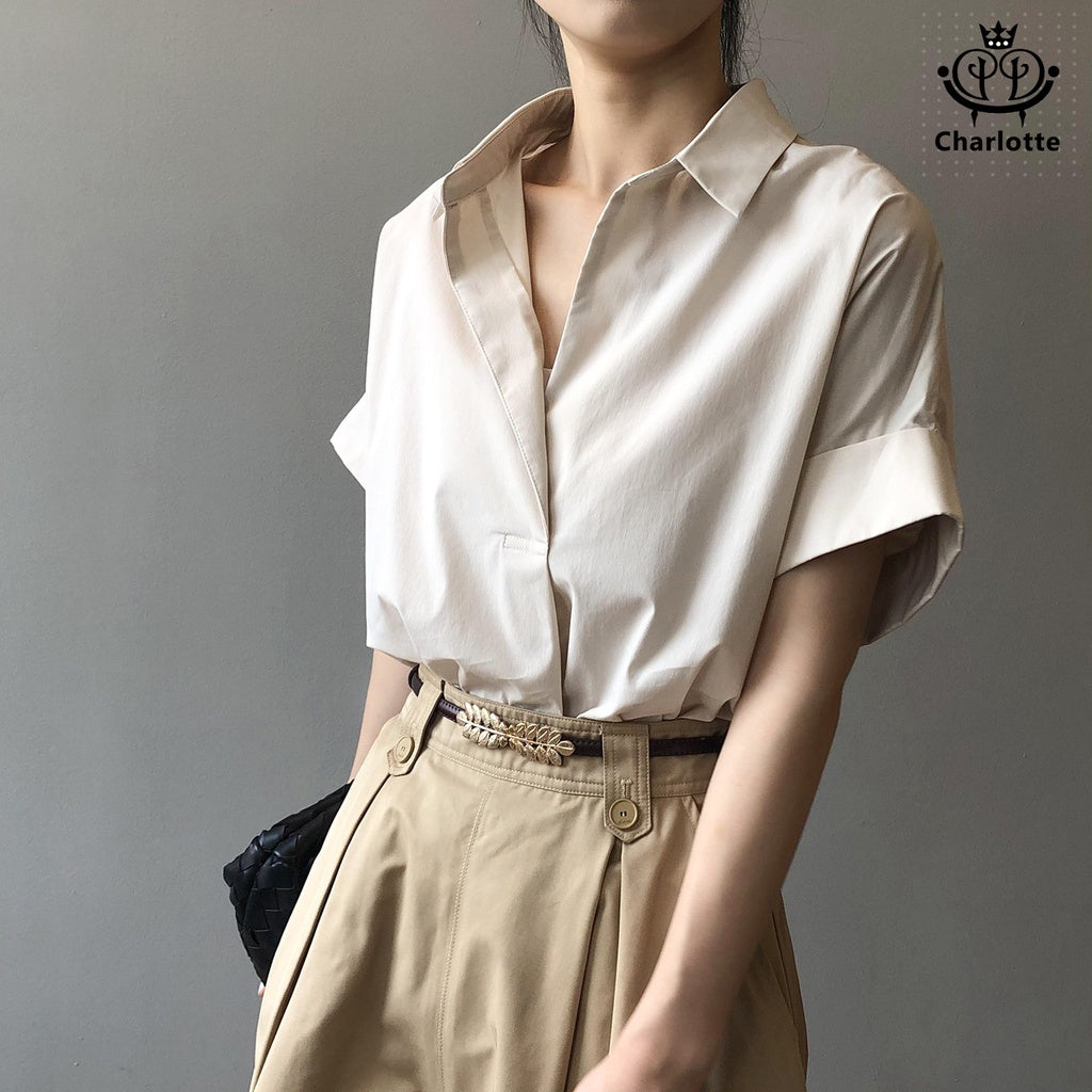 French drape pullover shirt, short-sleeved shirt, V-neck shirt, rolled sleeve shirt [CHSH29]