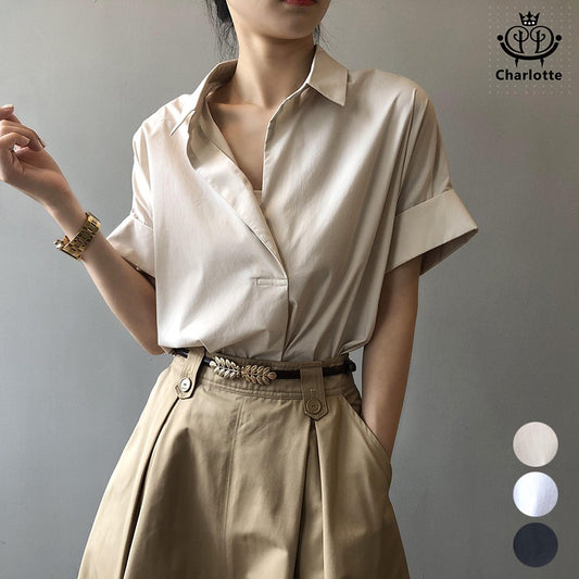 French drape pullover shirt, short-sleeved shirt, V-neck shirt, rolled sleeve shirt [CHSH29]