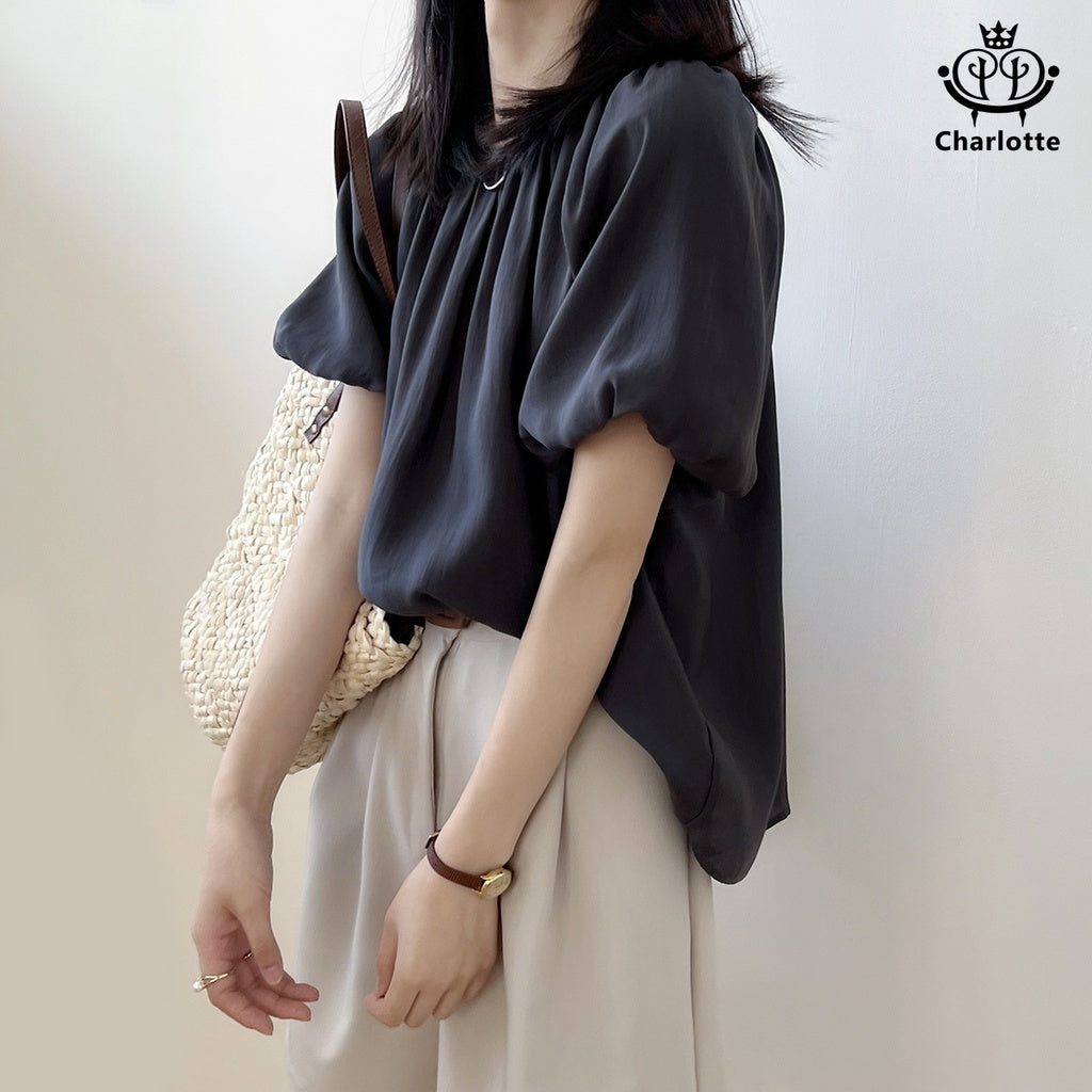 French princess sleeve lace-up short-sleeved shirt one-shoulder top [CHSH59]