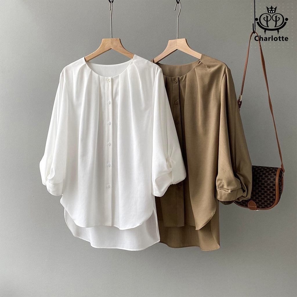 French design lantern sleeve lazy top loose drape shirt three-quarter sleeve shirt [CHSH30]