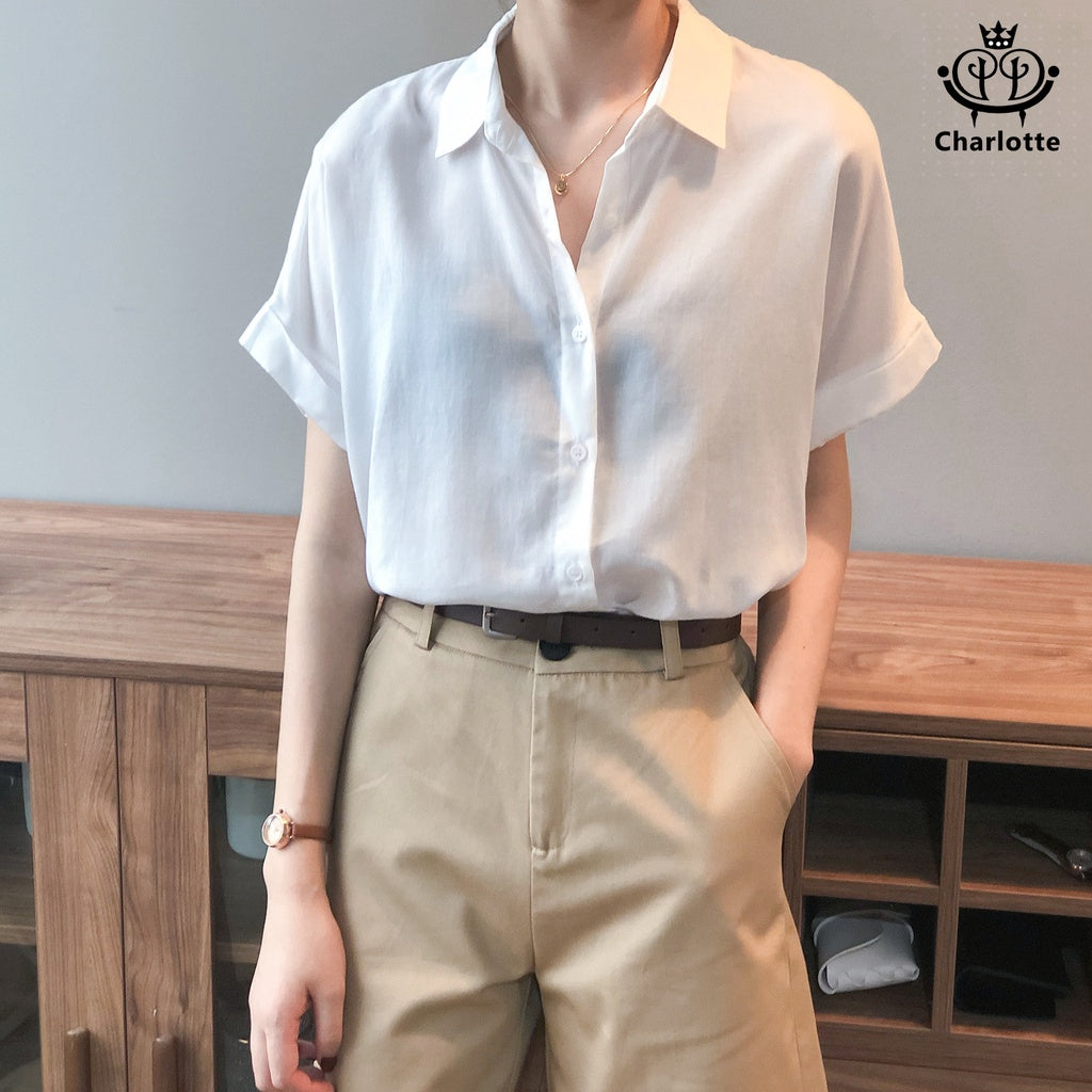 French Tencel linen short-sleeved shirt short-sleeved lapel top Tencel shirt [CHSH27]