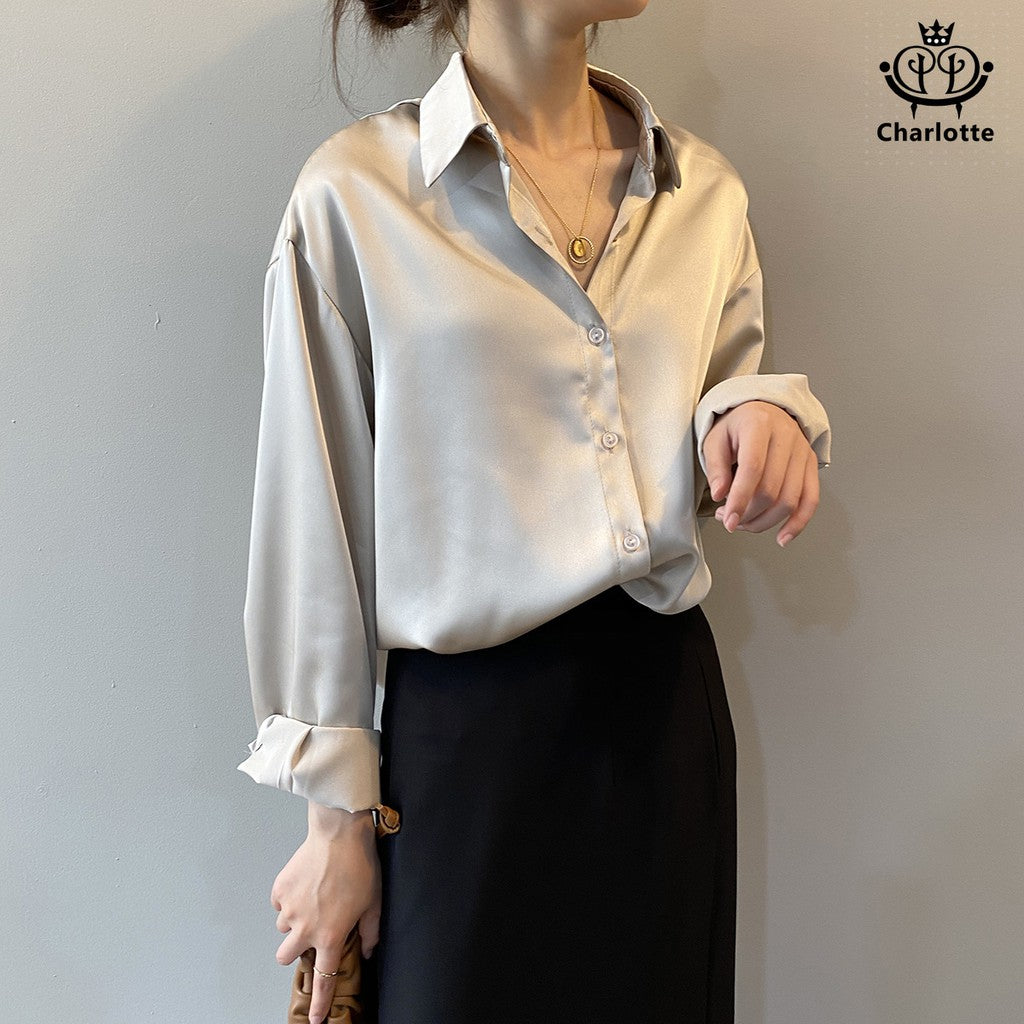 French loose slim long-sleeved lapel shirt Korean style shirt [CHSH1]