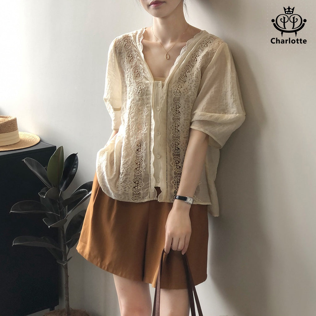 French lace embroidered babydoll shirt V-neck puff sleeve short-sleeved shirt [CHSH62]