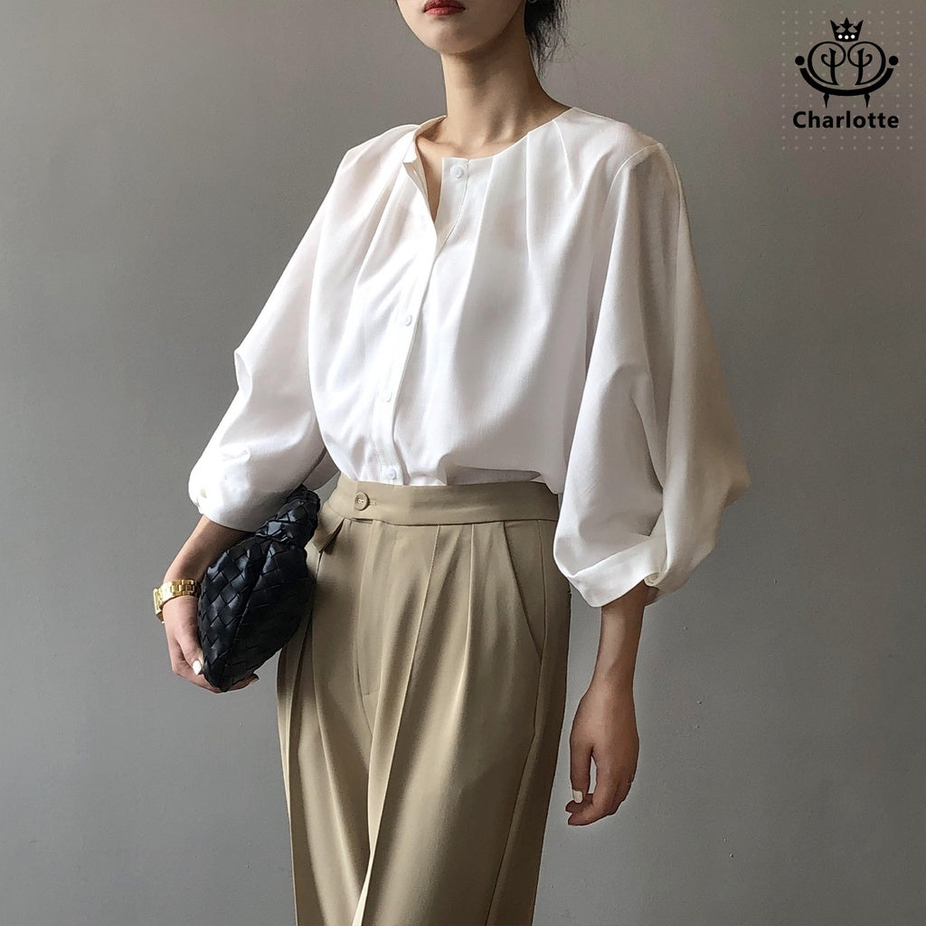 French design lantern sleeve lazy top loose drape shirt three-quarter sleeve shirt [CHSH30]