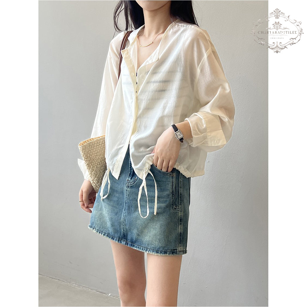 Korean drawstring design Tencel shirt metallic cold strap Tencel top [CHSH117]