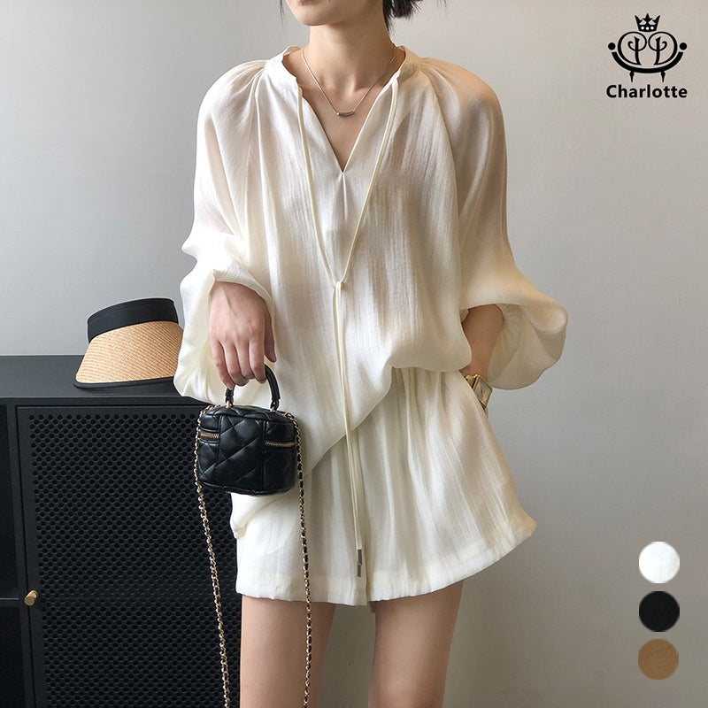 French Urban Casual Curved Silk Women's Suit Sunscreen Long Sleeve Shirt Shorts Suit [CHSH72]