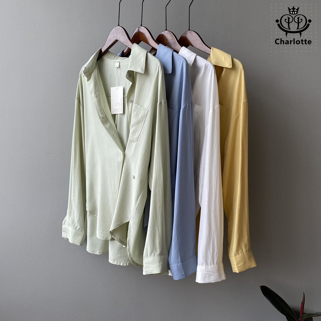 French autumn slimming long-sleeved Tencel shirt, thin long-sleeved shirt, lapel button-down shirt [CHSH73]