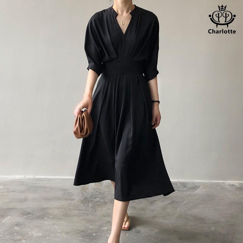 French Hepburn style age-reducing slimming dress short-sleeved dress V-neck dress [CHSK79]