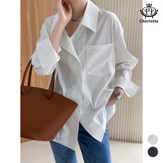 French Spring and Autumn Flirty Personality Style White Top Thin Lined Urban OL Top [CHSH82]