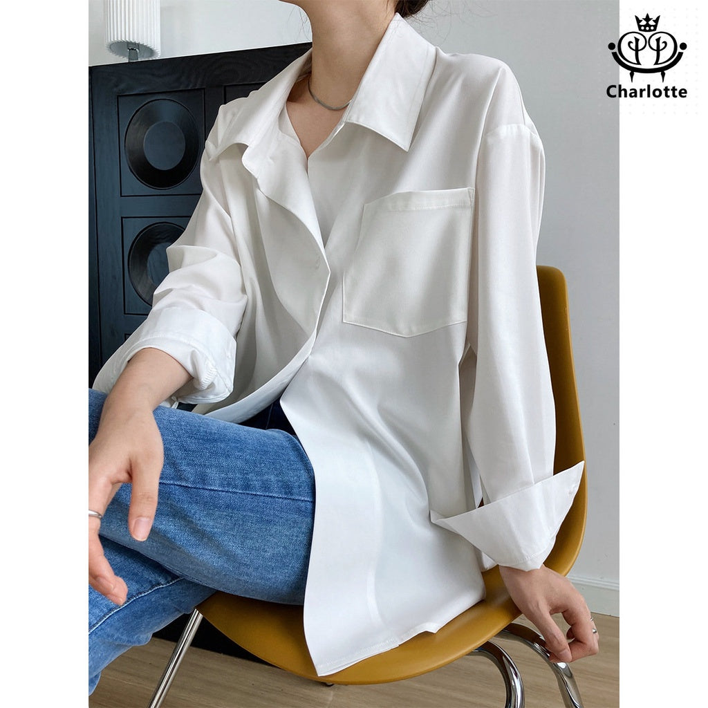 French Spring and Autumn Flirty Personality Style White Top Thin Lined Urban OL Top [CHSH82]