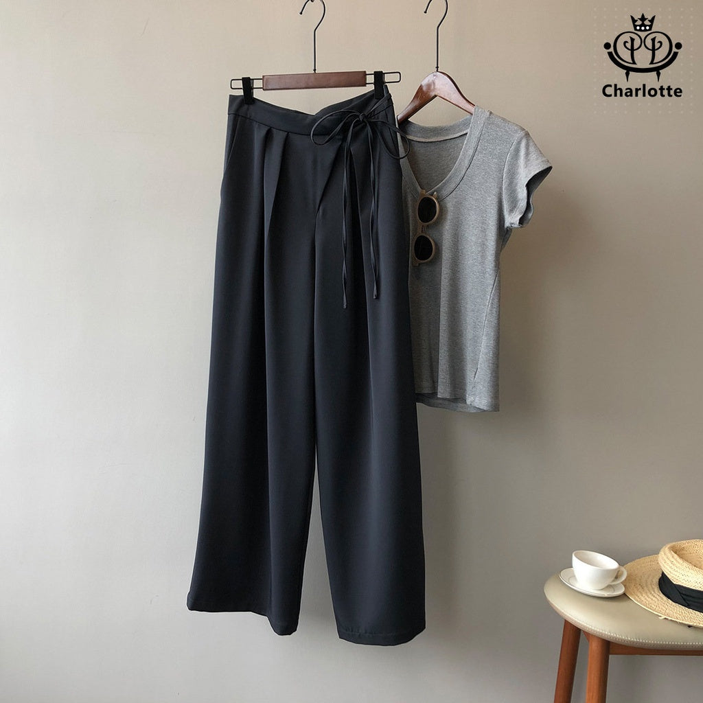 French strap casual wide-leg suit pants wide-leg pants high-waisted trousers [CHTR18]