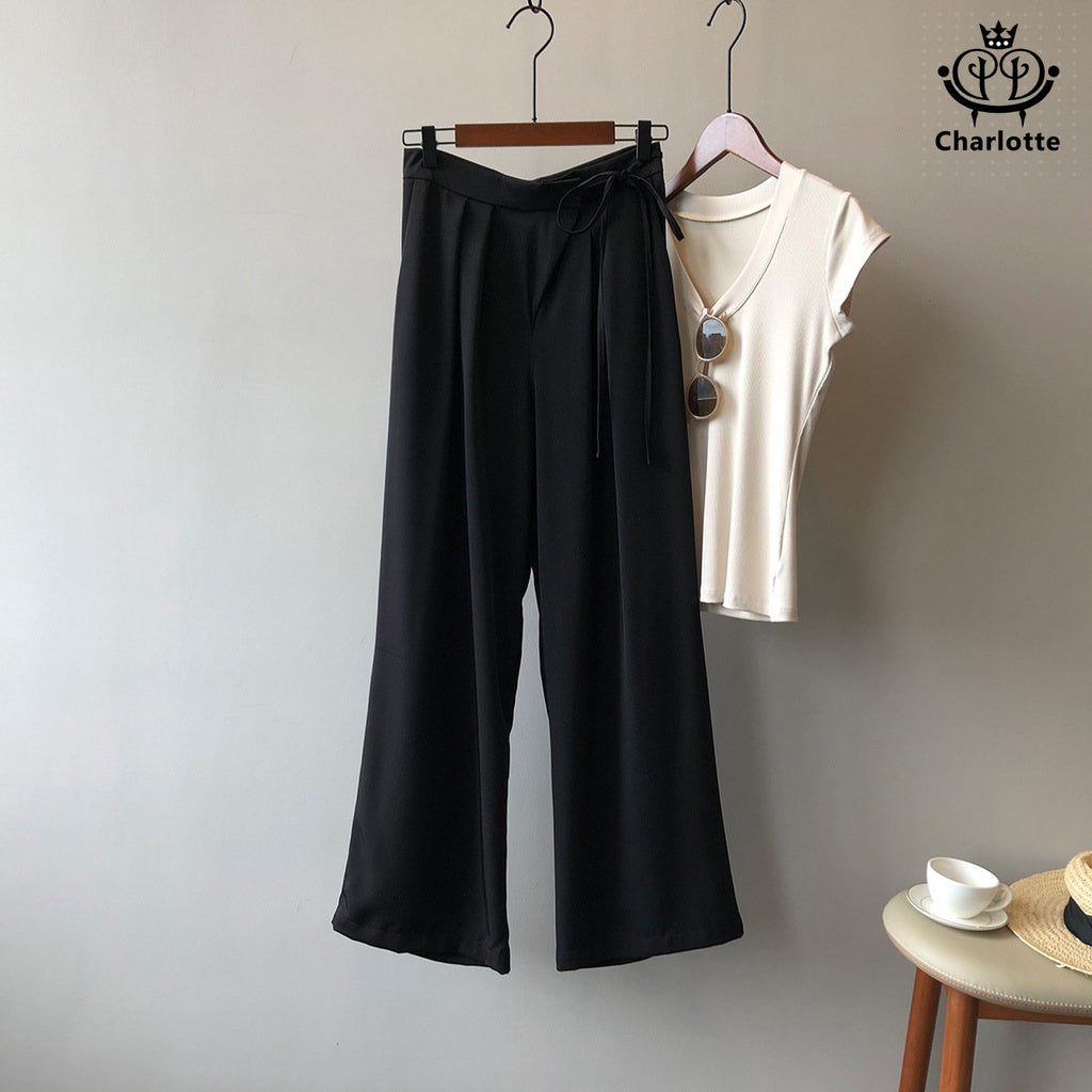 French strap casual wide-leg suit pants wide-leg pants high-waisted trousers [CHTR18]