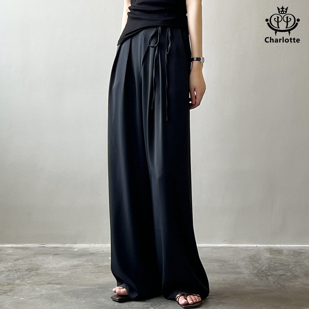 French strap casual wide-leg suit pants wide-leg pants high-waisted trousers [CHTR18]