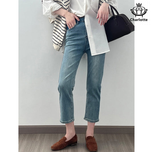 High-waisted stretch denim cropped pants, high-waisted slimming jeans [CHJ8]