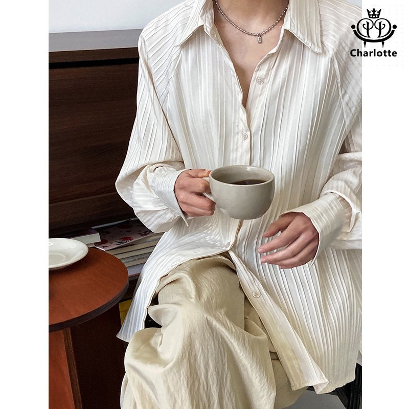 French simple textured vertical striped shirt long-sleeved shirt pleated short front and long back shirt [CHSH89]