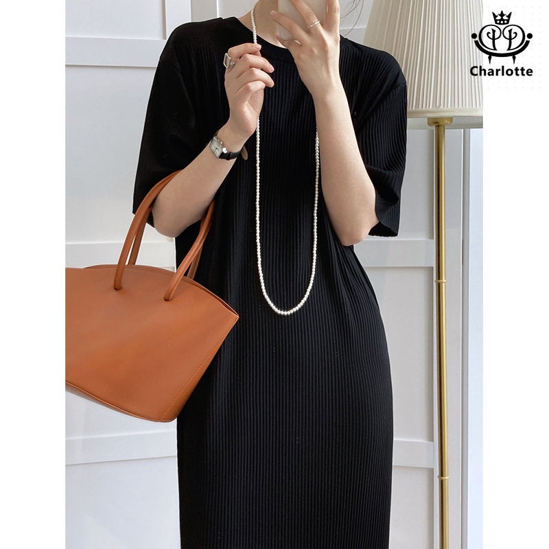 Cool and slippery summer lazy pullover pleated T-shirt long dress drapey dress [CHSK99]