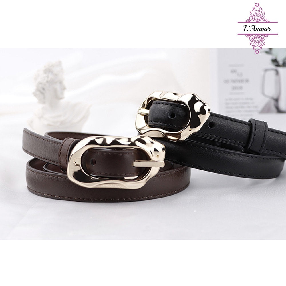 British irregular oval metal buckle belt calfskin pin buckle belt [LA132]