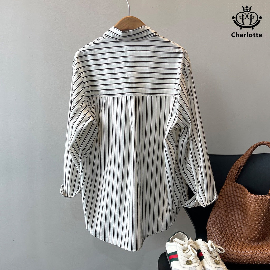 French classic black and white striped shirt long-sleeved shirt lapel shirt [CHSH90]