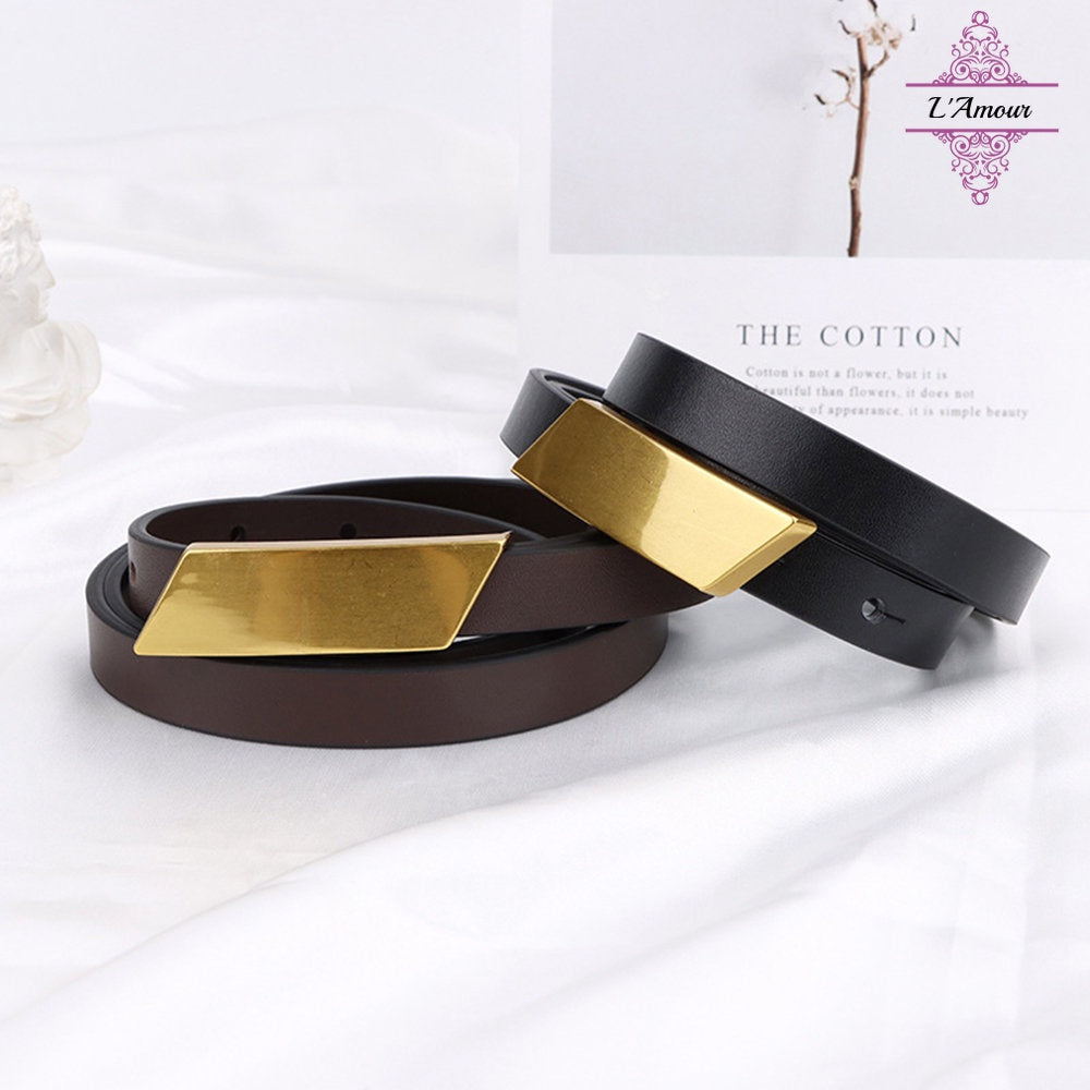 French taste Paris metallic leather belt geometric quadrilateral belt genuine leather elegant belt [LA126]