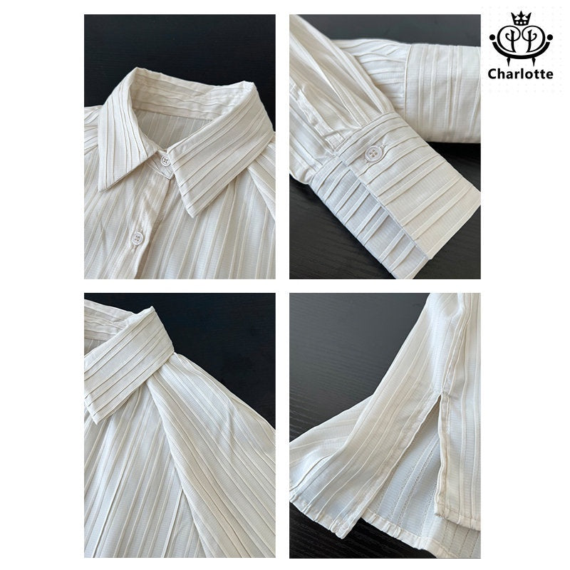 French simple textured vertical striped shirt long-sleeved shirt pleated short front and long back shirt [CHSH89]