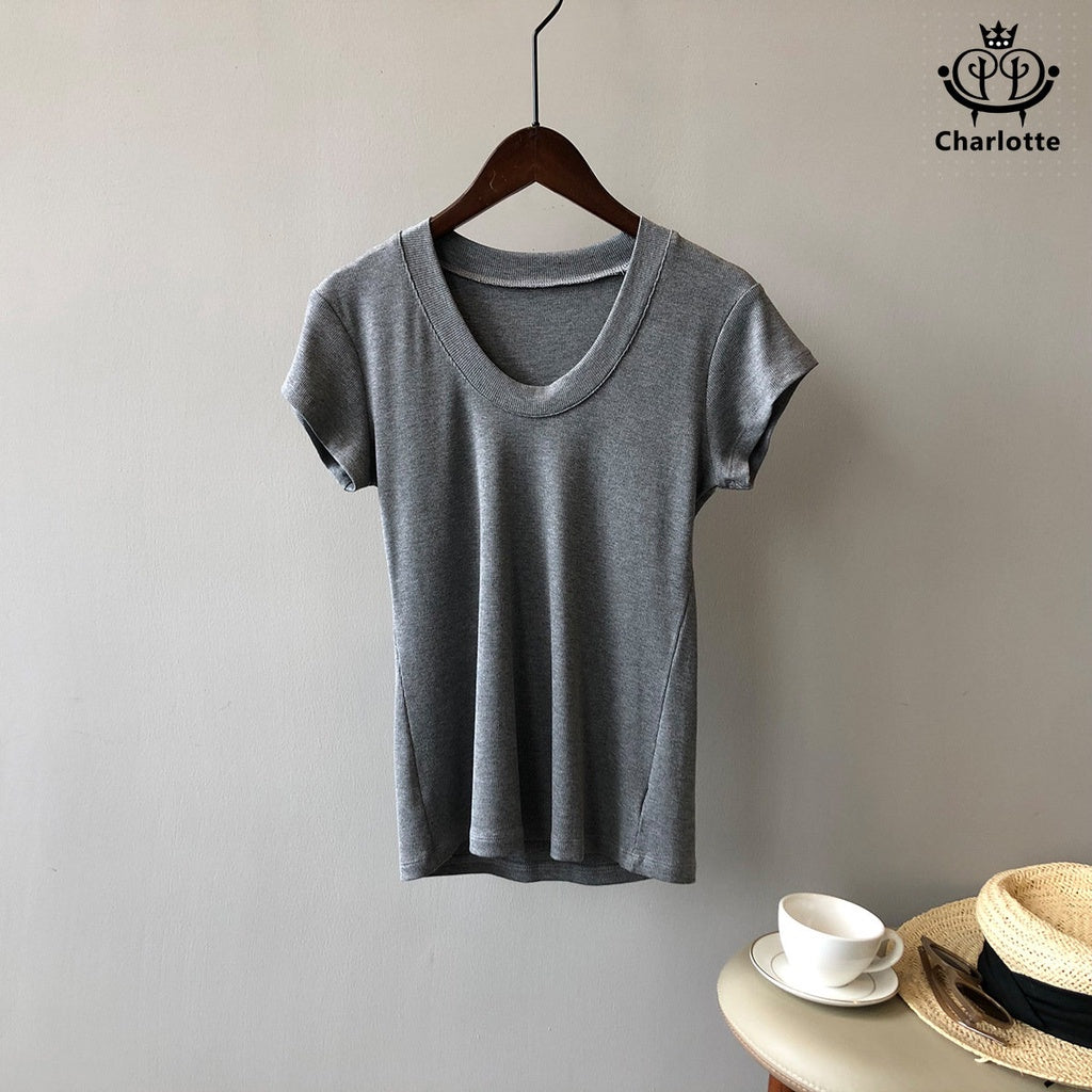 French simple U-neck slim stretch short-sleeved T-shirt cool short T [CHT18]