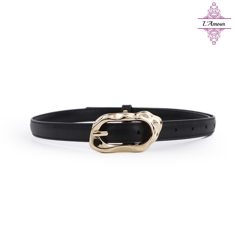 British irregular oval metal buckle belt calfskin pin buckle belt [LA132]