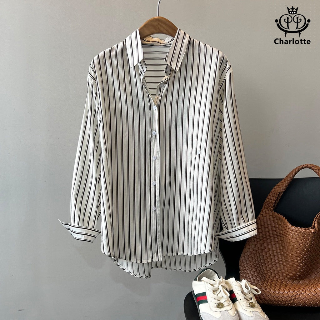 French classic black and white striped shirt long-sleeved shirt lapel shirt [CHSH90]